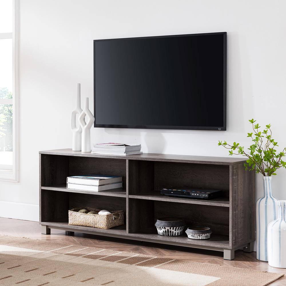 Southern Enterprises Jodie 62 in. Gray Washed Burnt Oak Wood TV Stand Fits TVs Up to 60 in. with Adjustable Shelves