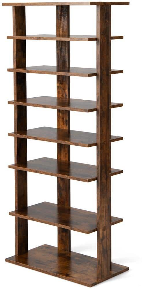 HONEY JOY 43.5 in. H 14-Pair 7-Tier Brown Wood Double Rows Shoe Rack Vertical Wooden Shoe Storage Organizer