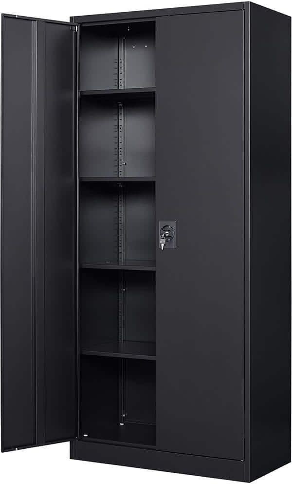 Mlezan Metal Garage Storage Cabinet in 31.5" W x 71" H x 15.7" D Black Cabinet 5 Tier Shelves with Doors