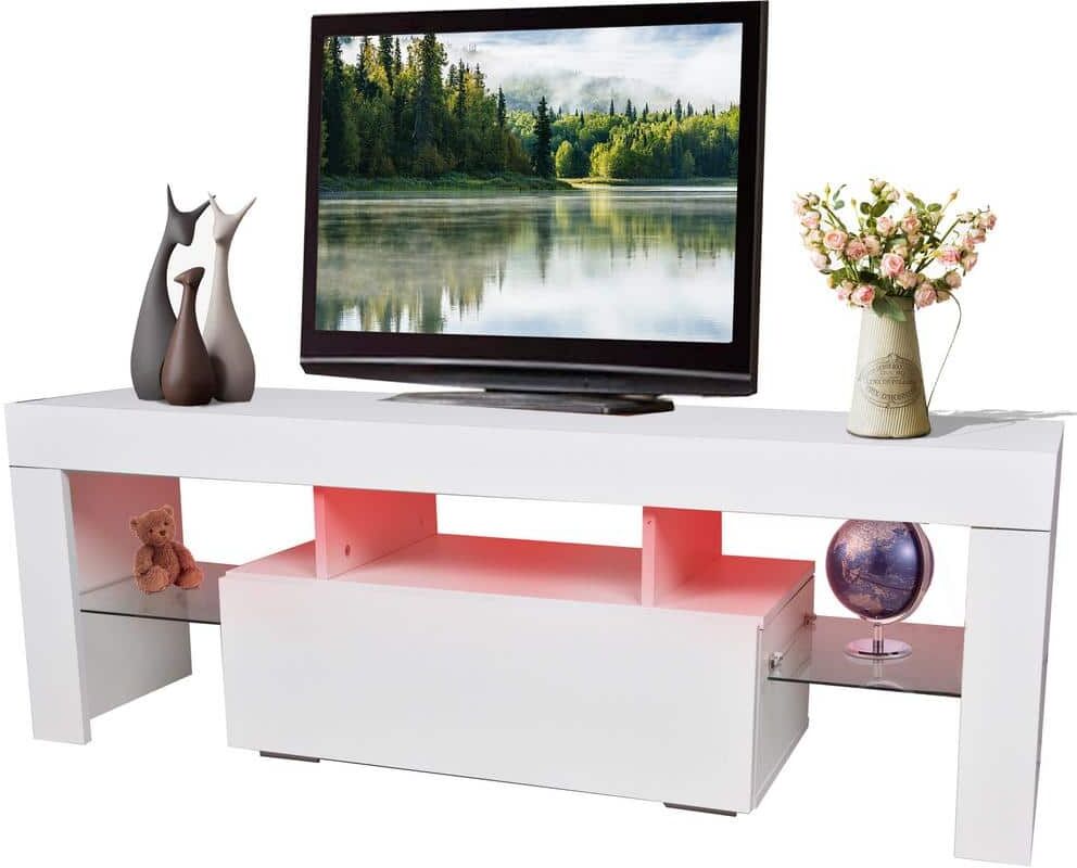 51 in. White TV Stand Fits TV's up to 55 in. with LED Lights Entertainment Center TV Cabinet with Lage Storage Drawers