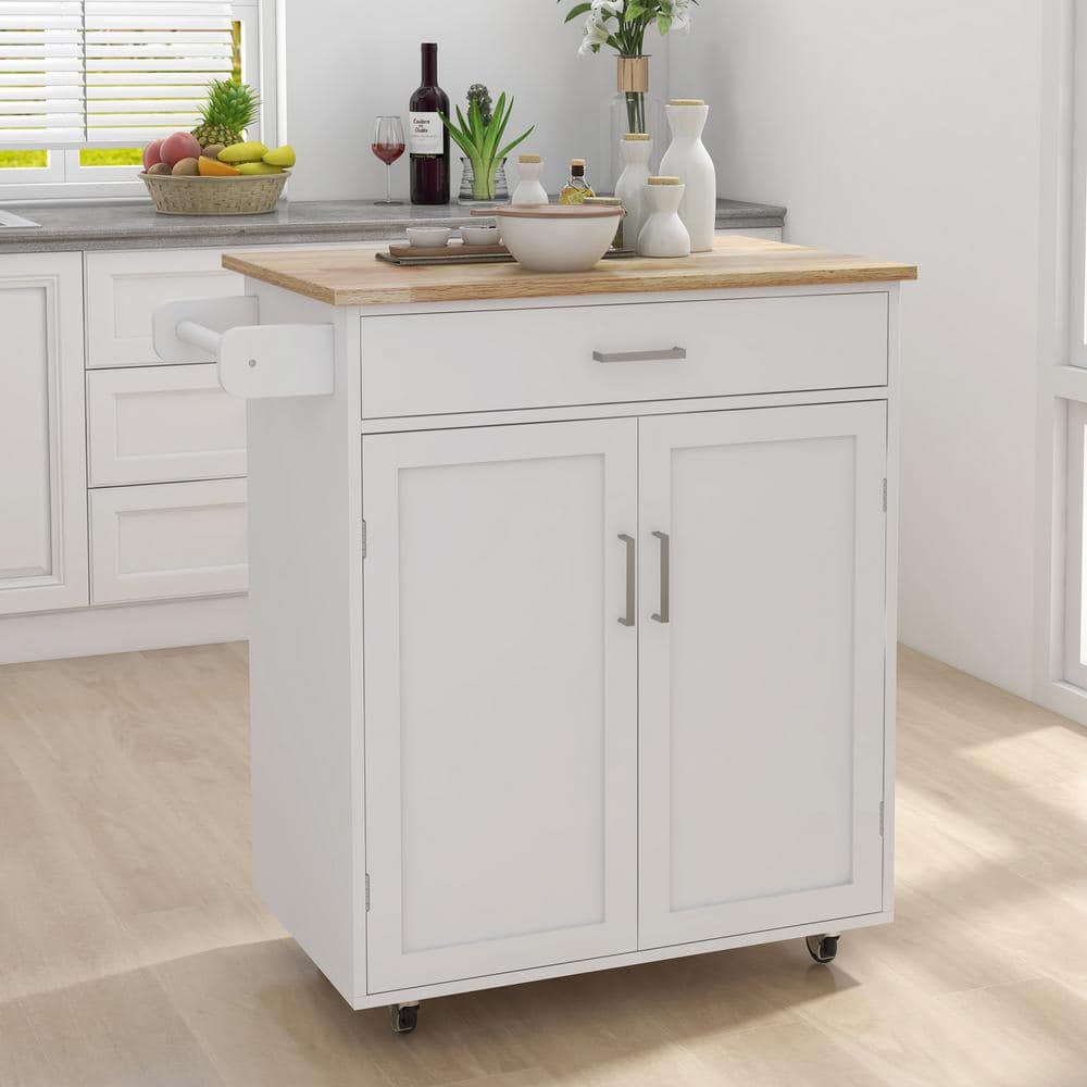 Westsky 32.68 in. Wide Mobile White Kitchen Island Rolling Trolley Cart Wood Table Top Storage Cabinets with Locking Wheels