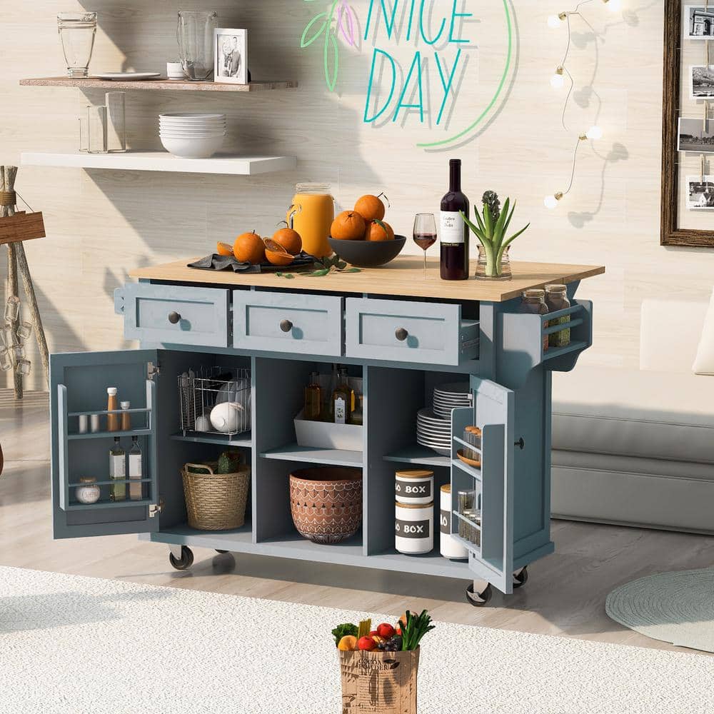 Runesay Blue Rubber Wood 53 in. W Kitchen Island Cart with Drop-Leaf Countertop and Cabinet Door Internal Storage Racks