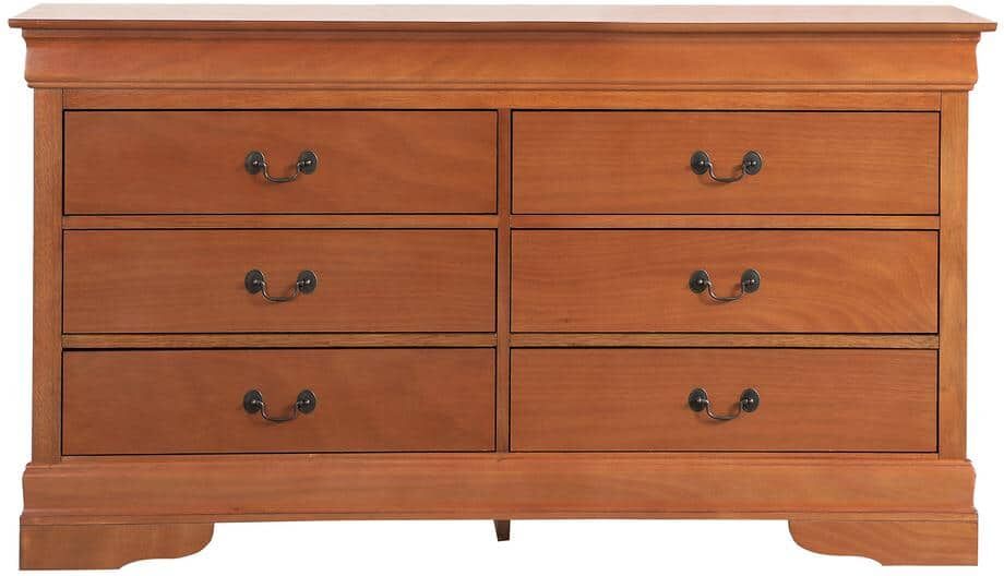 AndMakers Louis Phillipe 6-Drawer Oak Double Dresser (33 in. x 60 in. x 18 in.)