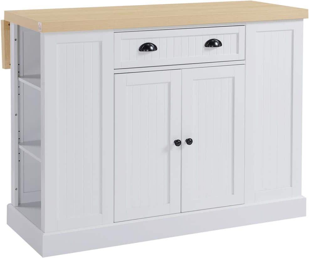 HOMCOM White Wood 47.25 in. Fluted-Style Kitchen Island, Countertop with Drop Leaf, Drawer, Open Shelves, Storage