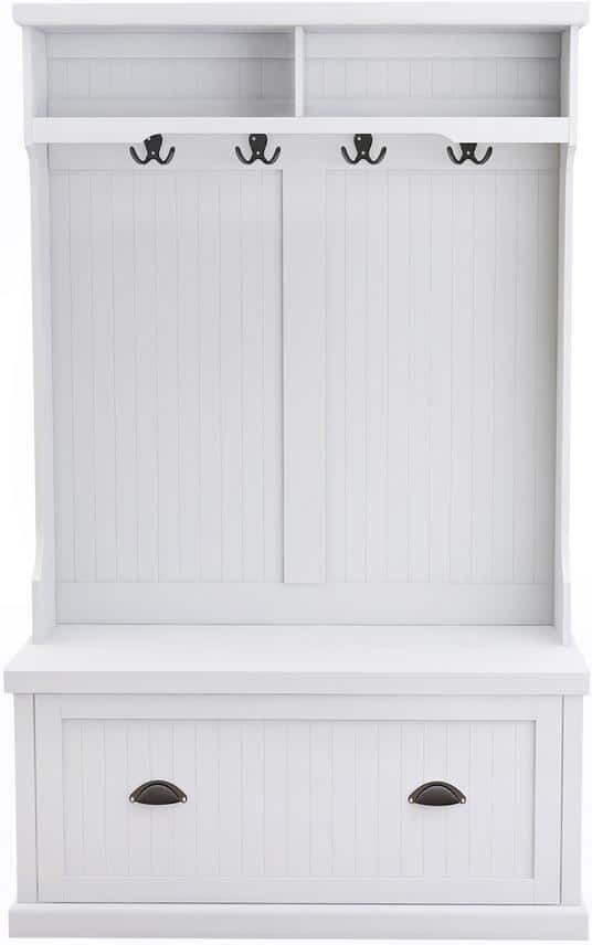 Siavonce White Entryway Hall Tree with Coat Rack 4 Hooks and Storage Bench Shoe Cabinet