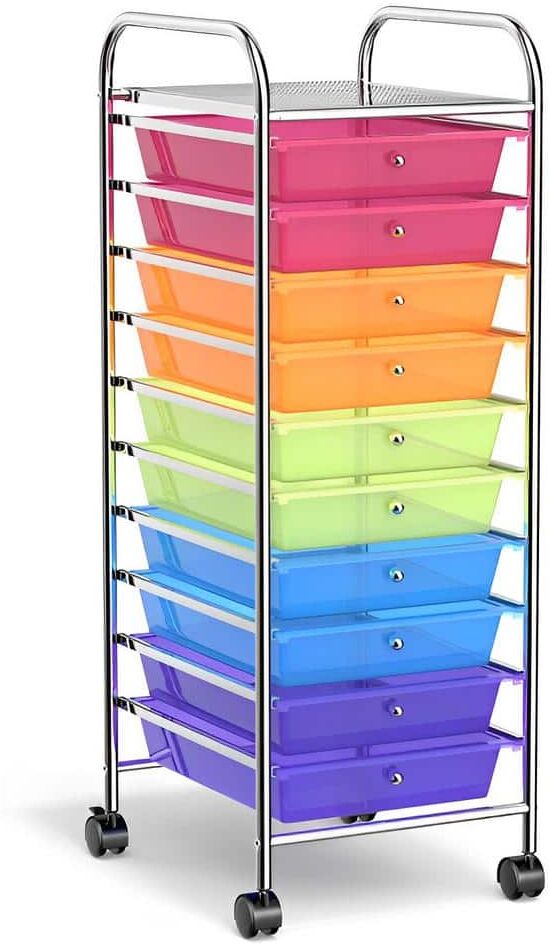 Bunpeony 10-Tier Transparent Multicolor Rolling Storage Cart Organizer Steel Kitchen Cart with Plastic Drawers