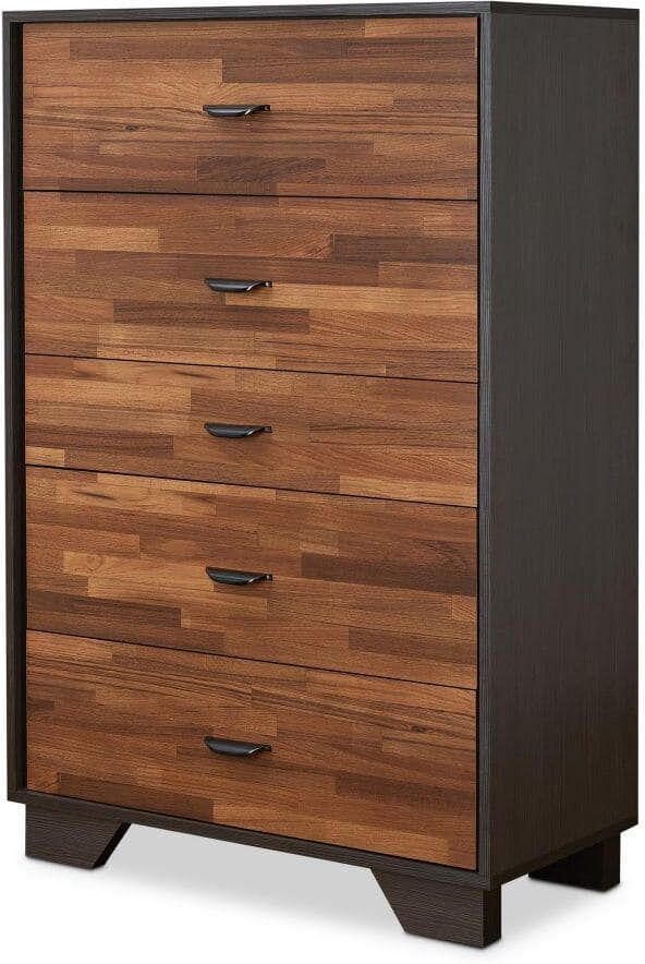 Benjara 5-Drawer Walnut and Espresso Brown Wooden Chest 32 in. L x 16 in. W x 47 in. H