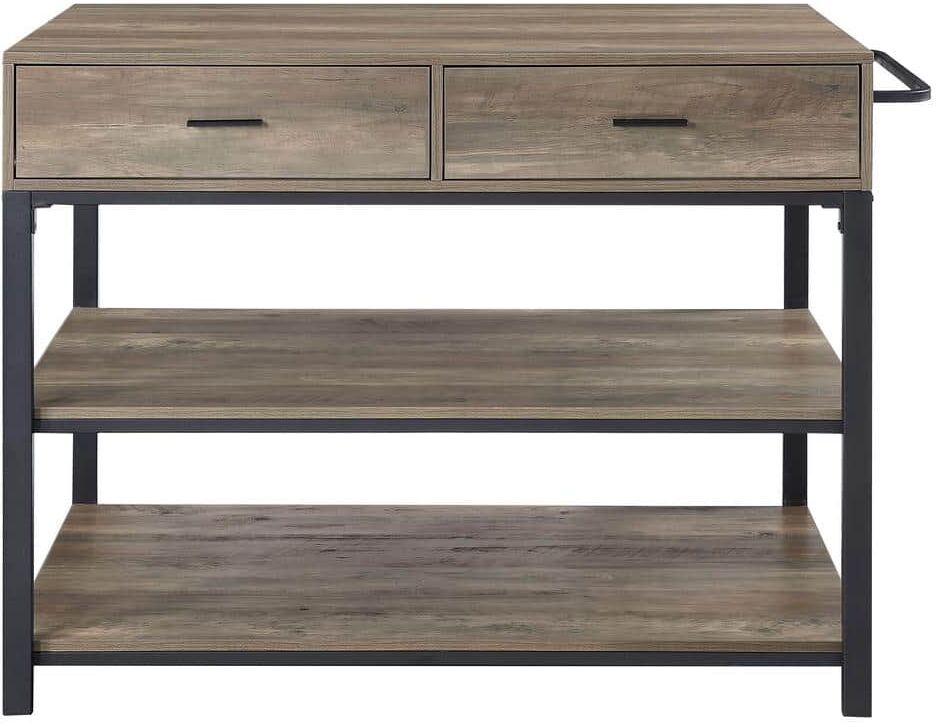 Tileon Rustic Oak Wood Kitchen Island with 2-Drawer, 2-Shelf and Towel Rack