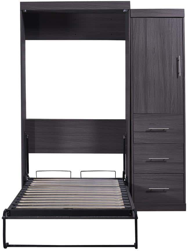 Angel Sar Gray Wood Frame Twin Murphy Bed with Wardrobe and 3-Storage Drawers Storage Bed Can be Folded into a Cabinet