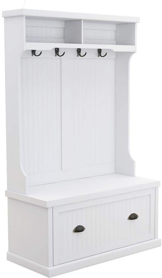 ATHMILE White Entryway Hall Tree with Coat Rack 4 Hooks and Storage Bench Shoe Cabinet