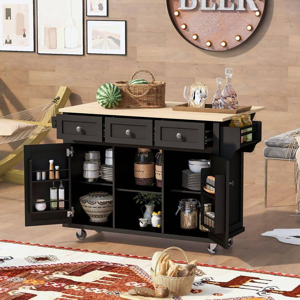 Runesay Black Rubber Wood 53 in. W Kitchen Island Cart with Drop-Leaf Countertop and Cabinet Door Internal Storage Racks