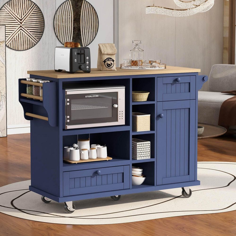 Nestfair Dark Blue Modern Kitchen Island with Storage Cabinet and Two Locking Wheels