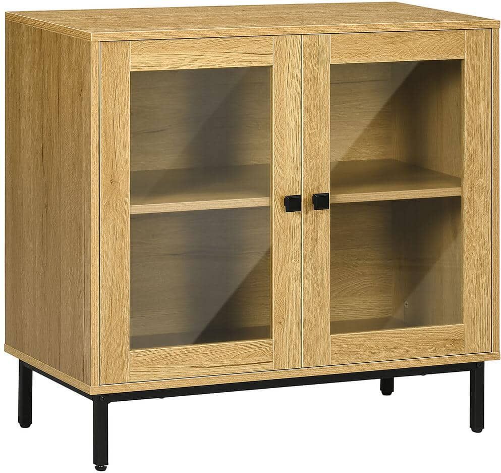 HOMCOM Oak Kitchen Cabinet, Floor Storage Cabinet with Double Glass Doors, Metal Legs