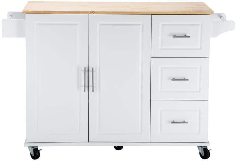 White Rubber Wood Table Top 54 in. Kitchen Island Cart with Adjustable Shelf Storage Cabinet, Drawers and Spice Rack