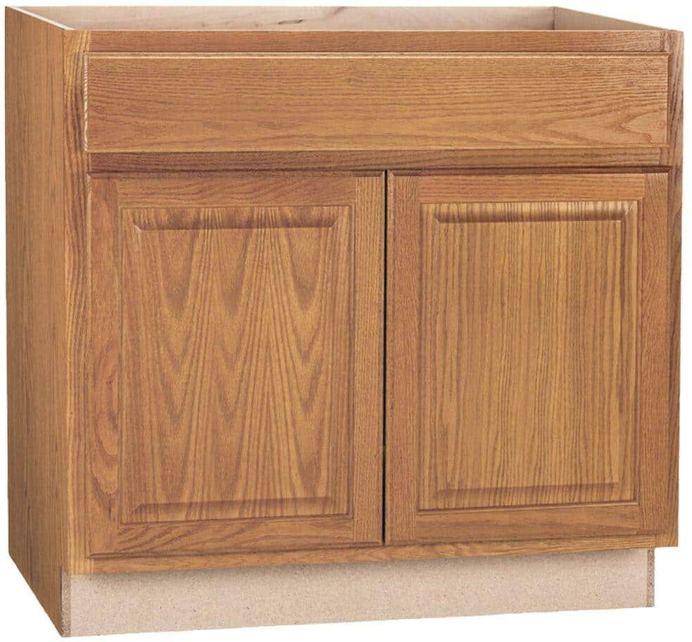 Hampton Bay Hampton 36 in. W x 24 in. D x 34.5 in. H Assembled Base Kitchen Cabinet in Medium Oak with Drawer Glides