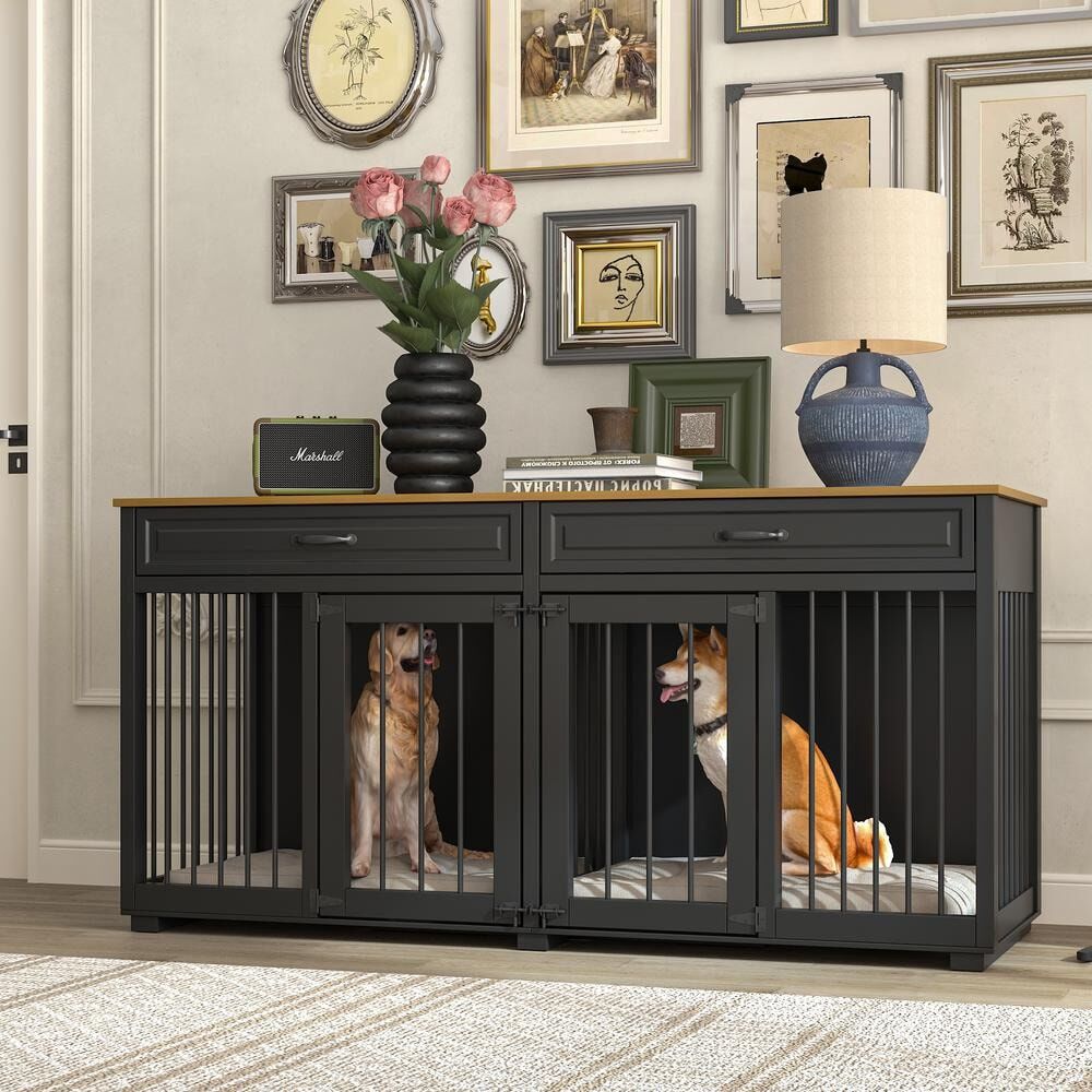 FUFU&GAGA Black Wood 64.6 in. W Accent Storage Cabinet with 2-Drawer, Dog Crates Cage Furniture for Small, Medium Dog