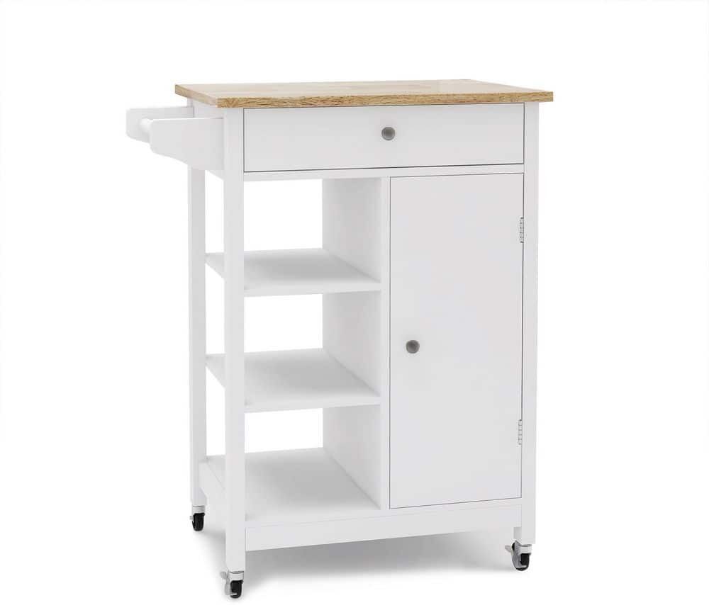 mieres Kitchen Cart/Tableware Cart with Towel Rack or Handle, Rubber Wood Table Top, 1 Drawer, 3 Open Shelves and 1 Cabinet