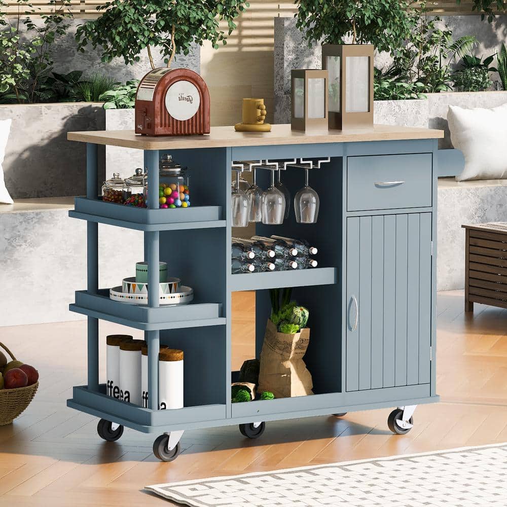Blue Wood 40 in. Kitchen Island Cart Storage Cabinet on Wheels with Drawer, Wine Rack and Side Storage Shelves