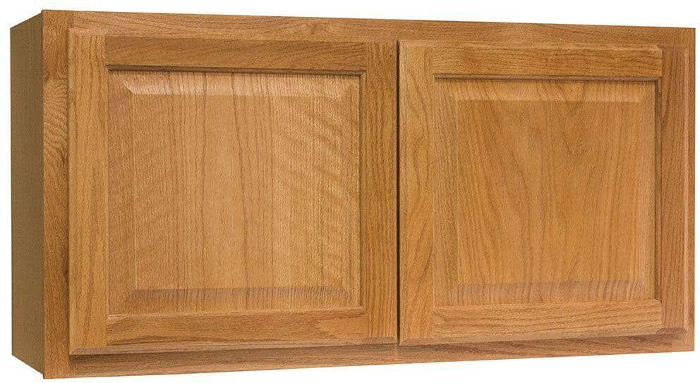 Hampton Bay Hampton 36 in. W x 12 in. D x 18 in. H Assembled Wall Bridge Kitchen Cabinet in Medium Oak without Shelf