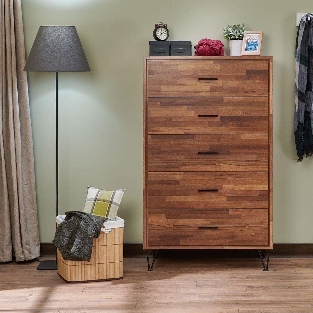 Aoibox 5-Drawer Wood Chest Dresser in Walnut, L: 32 in. x W: 16 in. x H: 52 in.