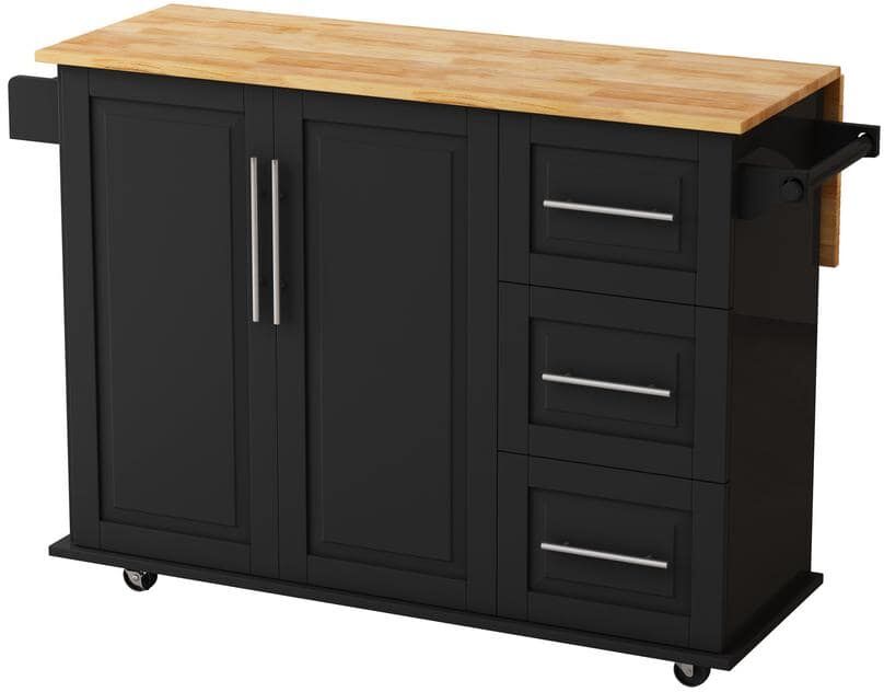 Black Kitchen Cart with 2-Door Cabinet and 3-Drawers