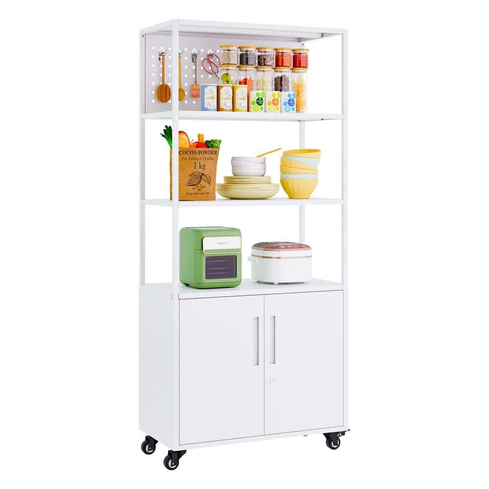 LISSIMO 31.5" W x 70.86" H x 15.7" D Freestanding Cabinet with Pegboard and Hook Cupboard Storage Organizer Shelves in White