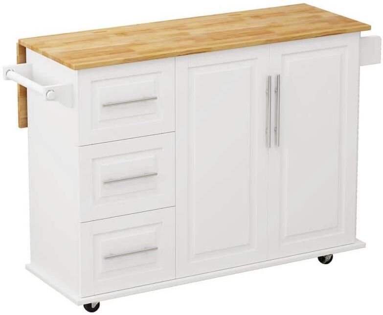 White Kitchen Cart with 2-Door Cabinet and 3-Drawers