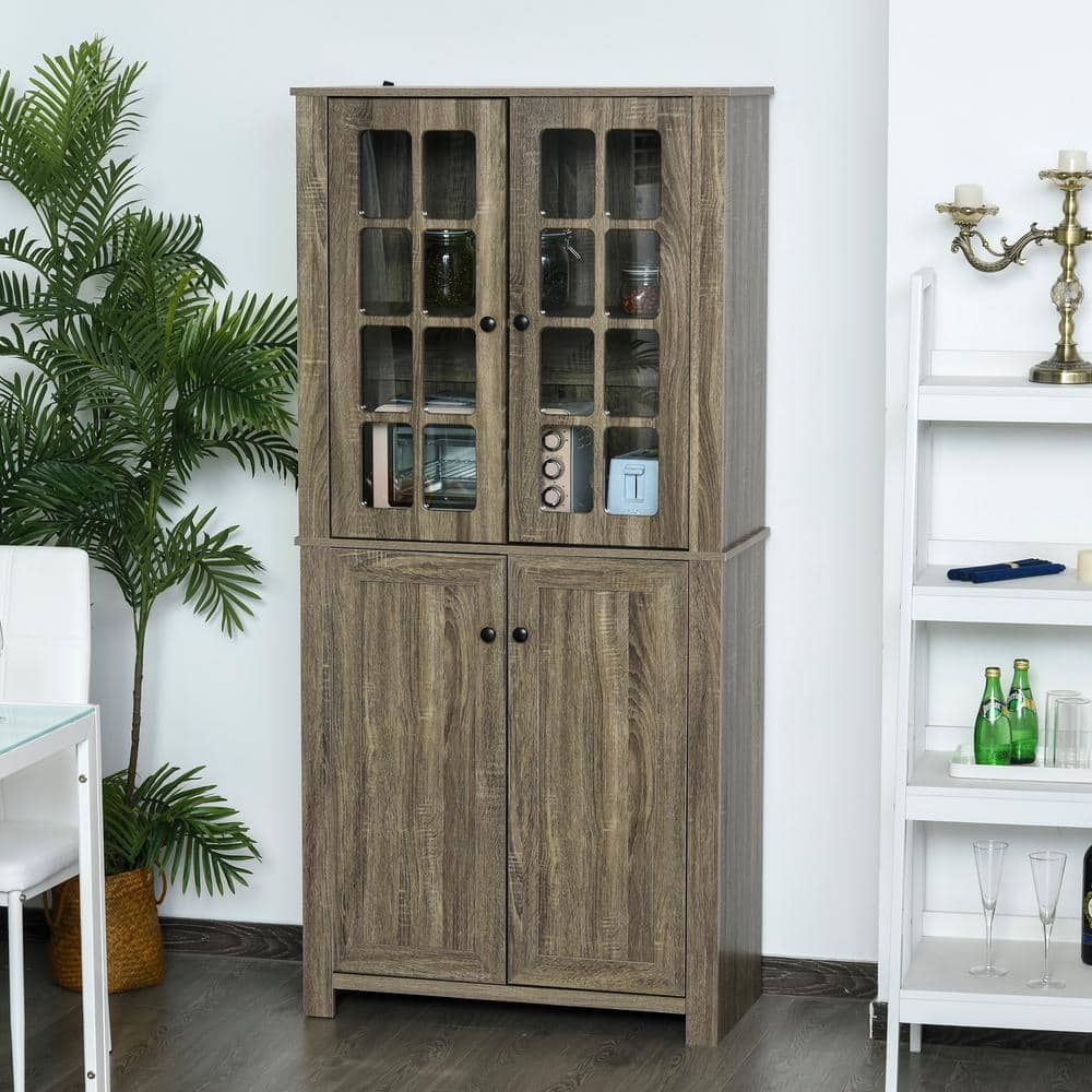 HOMCOM 4-Shelf Grey Wood Grain Kitchen Pantry Cabinet with Framed Glass Doors