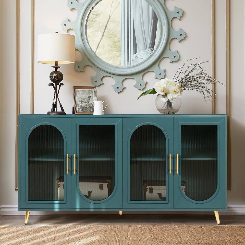 Magic Home 60 in. Antique Hallway Sideboard Kitchen Storage Console Cabinet Media TV Stand with Adjustable Shelves, Green Blue