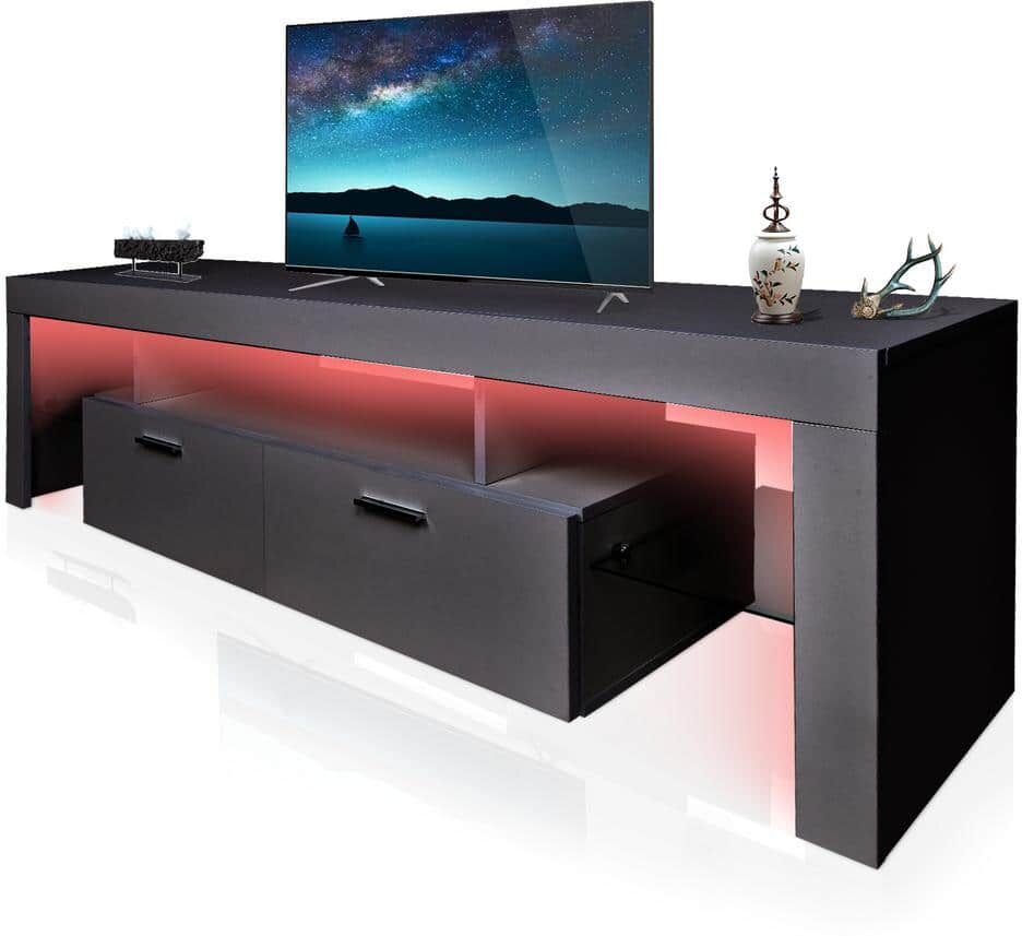 Black TV Stand Fits TV's up to 75 in. with LED Lights 63 in. Entertainment Center TV cabinet with Storage and Drawers