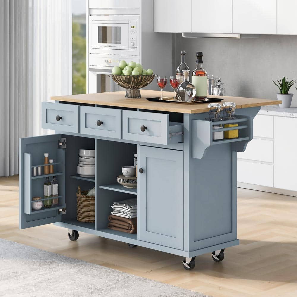 Blue Rubber Wood Drop-Leaf Countertop 53 in. Kitchen Island Cart with Cabinet Door Internal Storage Racks and 3-Drawer