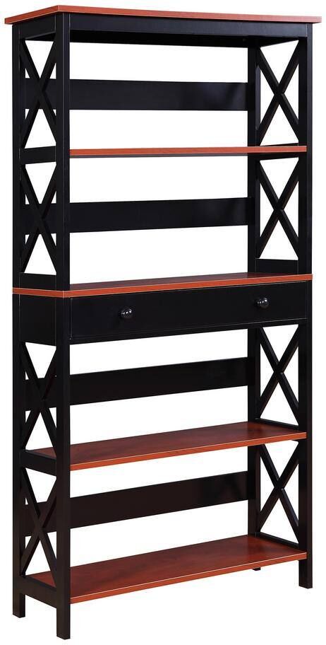 Convenience Concepts Oxford 31.5 in. W x 59.75 in. H x 11.75 in. D Cherry/Black MDF 5 Shelf Standard Bookcase with Drawer