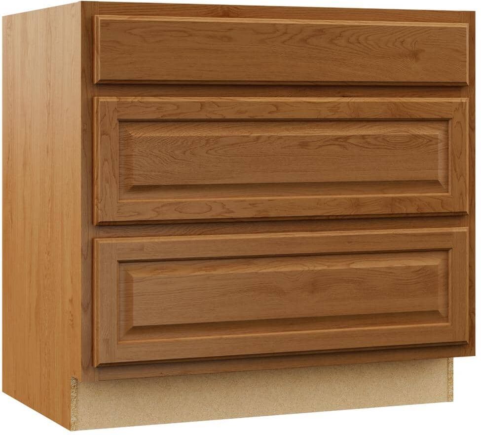 Hampton Bay Hampton 36 in. W x 24 in. D x 34.5 in. H Assembled Drawer Base Kitchen Cabinet in Medium Oak with Full Extension Glides