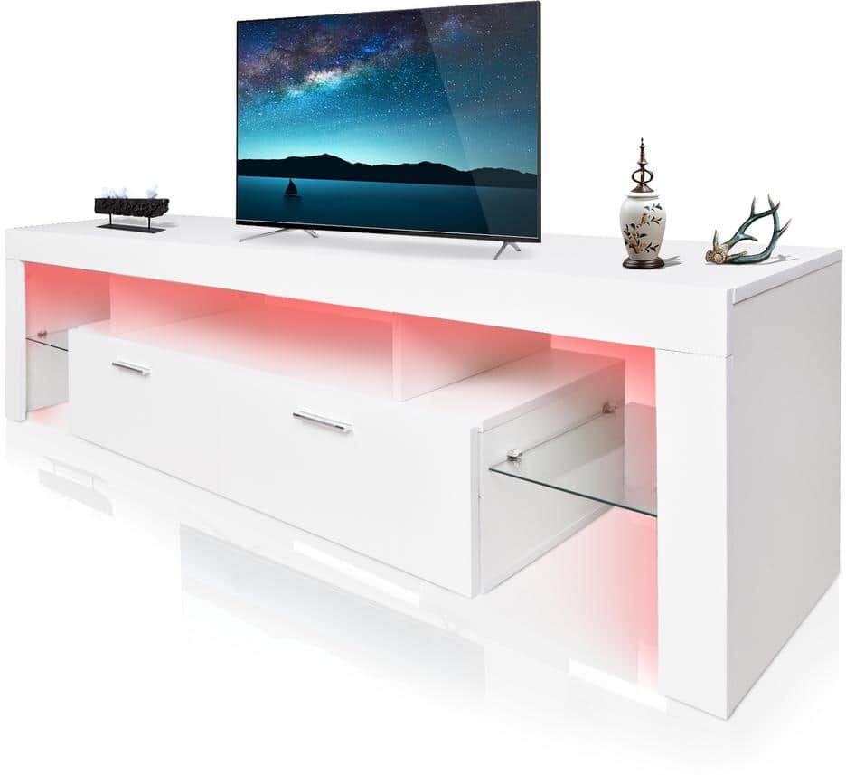 White TV Stand Fits TV's up to 75 in. with LED Lights 63 in. Entertainment Center TV cabinet with Storage and Drawers