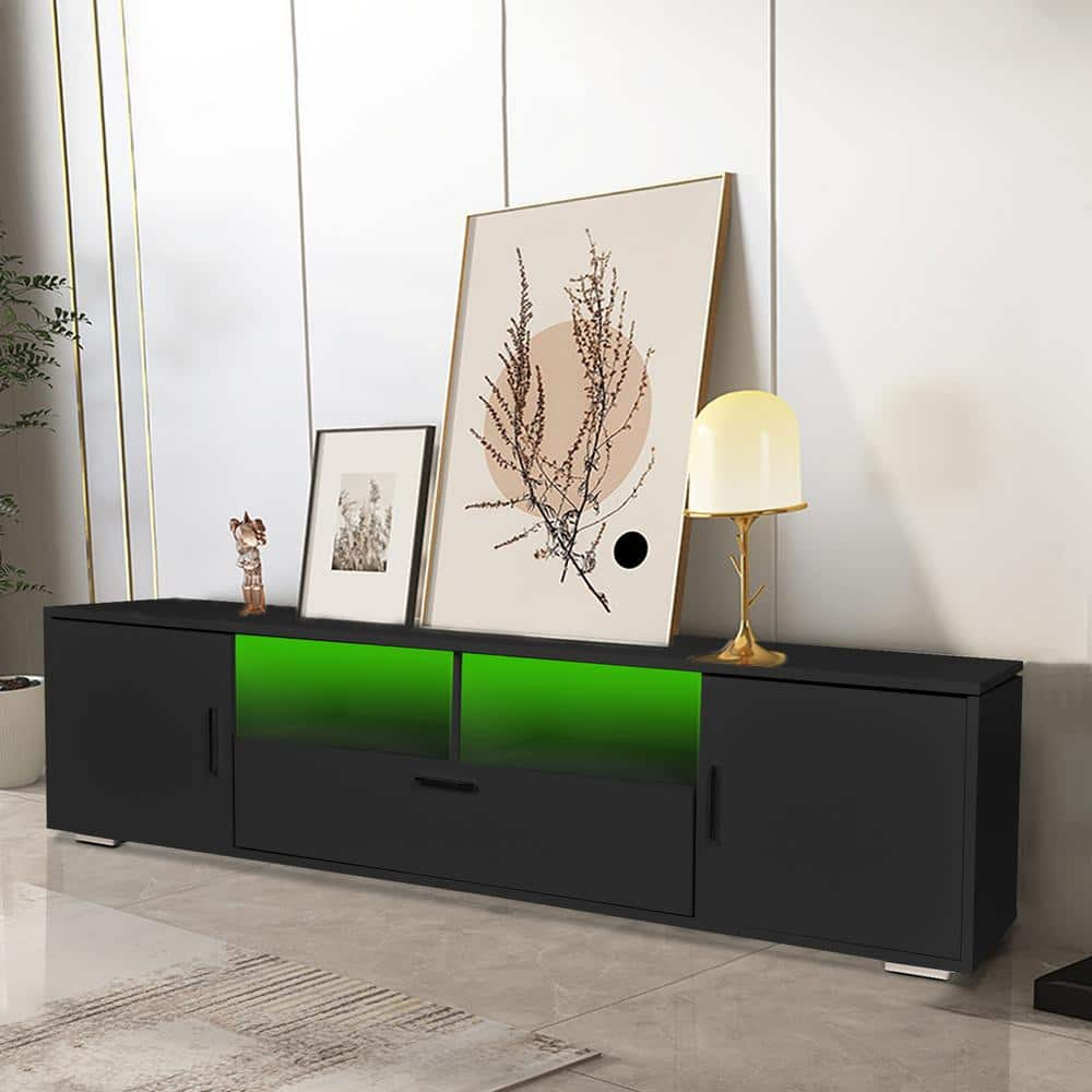 63 in. Black TV Stand Fits TV's up to 75 in. with LED Lights Entertainment Center TV 2-Cabinet with 2-Storage and Drawer