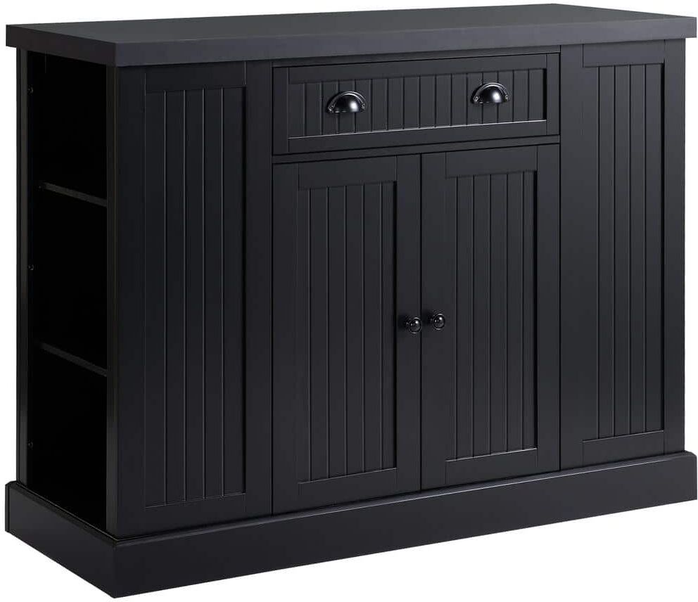 HOMCOM Black Fluted-Style Wooden Kitchen Island Storage Cabinet with Open Shelving and Drawer