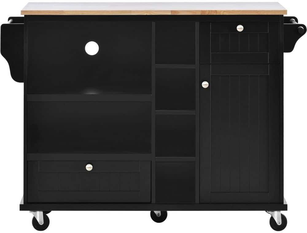 Tileon Black Kitchen Island Cart With Microwave Storage Cabinet, Solid wood top, 2-Locking Wheels, Buffet Server Sideboard