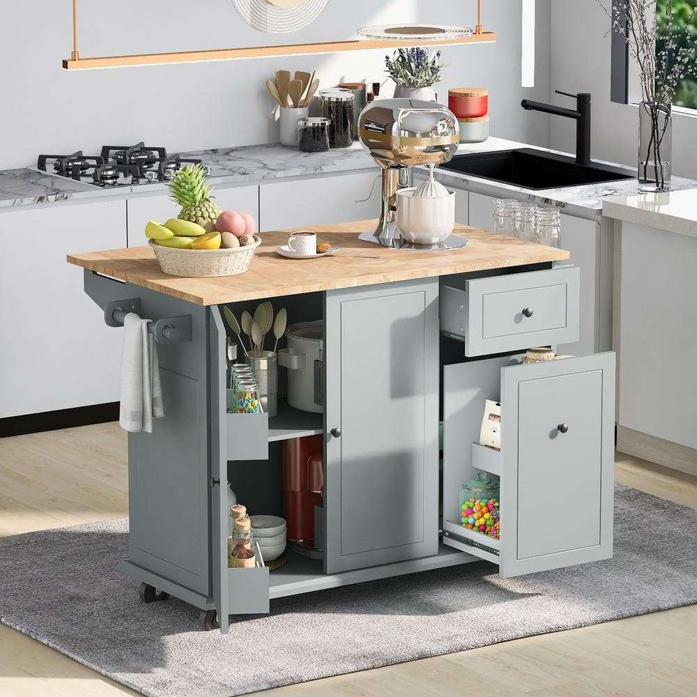 Runesay Gray Blue Wood Drop Leaf 53.94 in. Kitchen Island Cart with Internal Storage Rack and 3-Tier Pull Out Cabinet Organizer