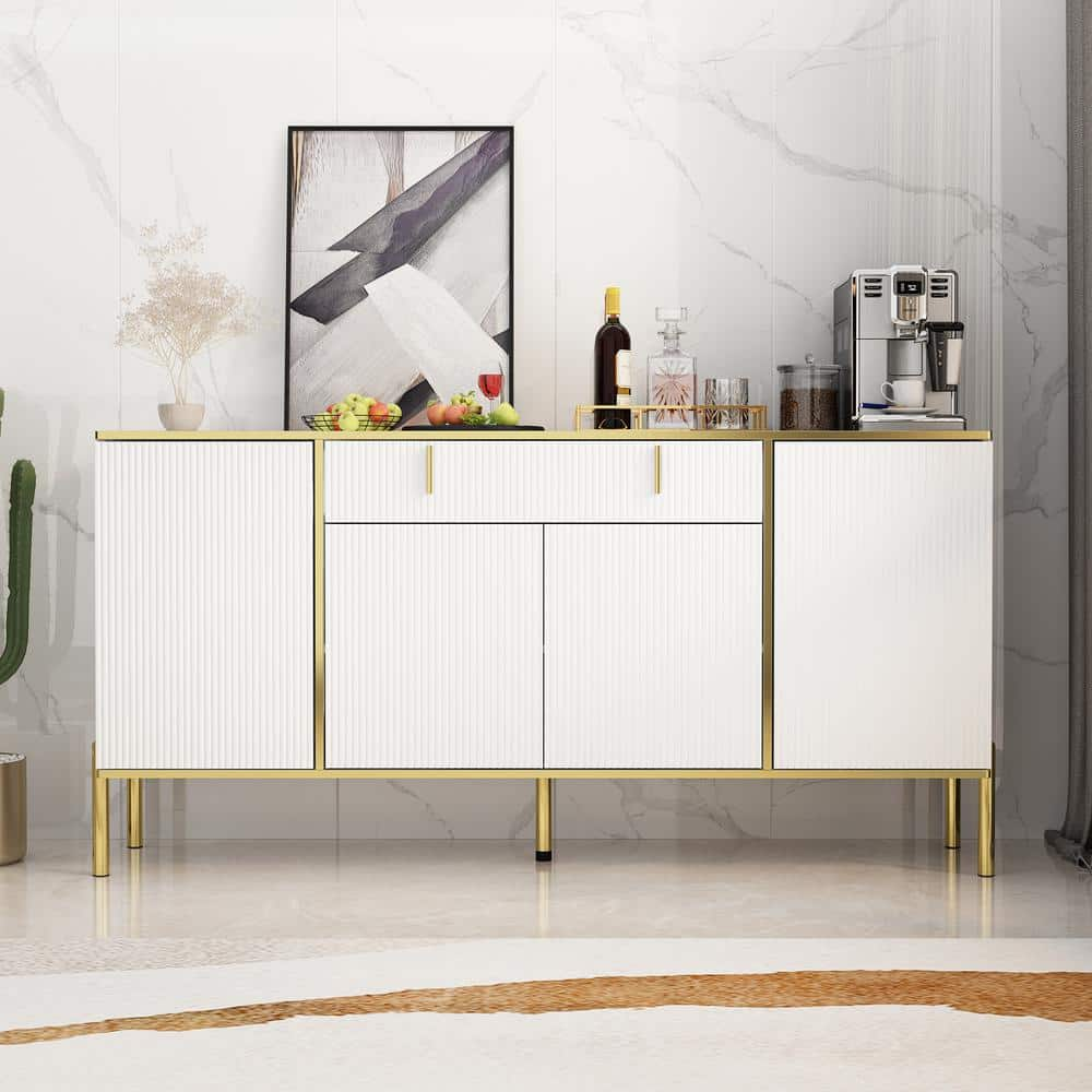 FUFU&GAGA White Wavy Paint Finish Floor-Standing Sideboard Cupboard with 4-Doors 2-Drawers Adjustable Shelves