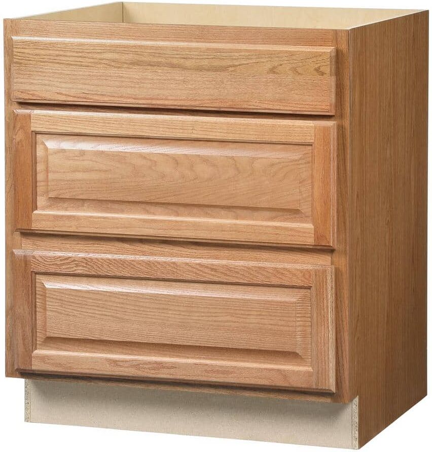 Hampton Bay Hampton 30 in. W x 24 in. D x 34.5 in. H Assembled Drawer Base Kitchen Cabinet in Medium Oak with Full Extension Glides