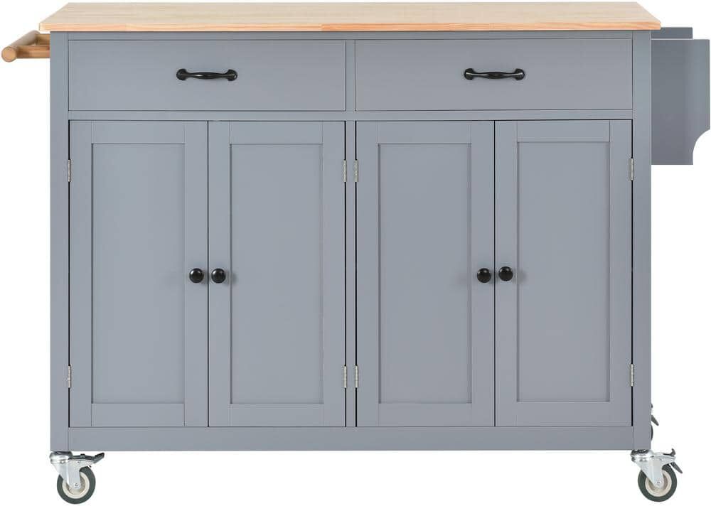 WarmieHomy Kitchen Cart with Solid Wood Top and Locking Wheels, 4-Door Cabinet and 2-Drawers, Spice Rack, Towel Rack in Gray Blue