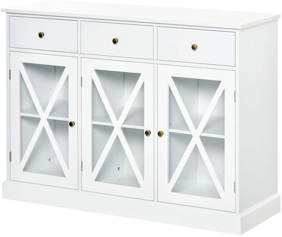 HOMCOM White Farmhouse Style Kitchen Sideboard Serving Buffet Storage Cabinet Cupboard with Glass Doors and 3-Drawers