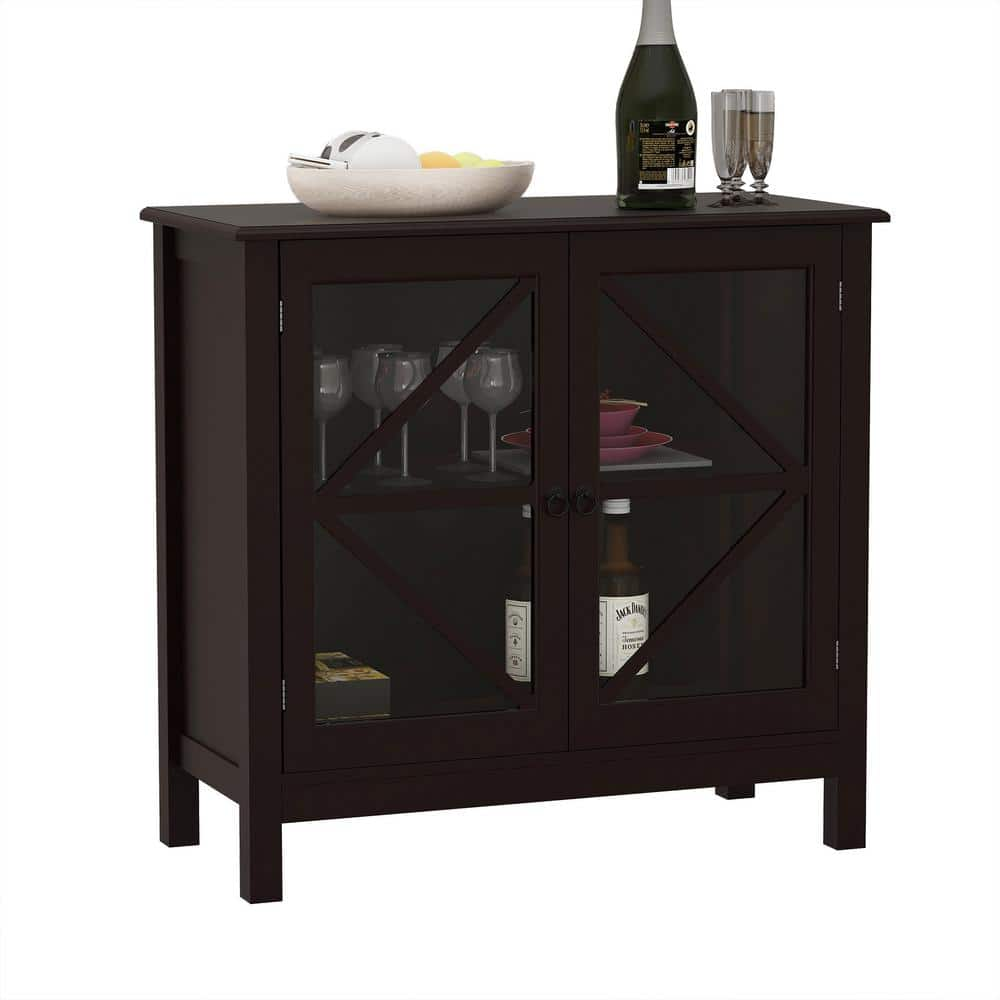 Tileon Black Kitchen Storage Cabinet with MDF Material and Double Glass Doors, Kitchen Sideboard for Dinnerware