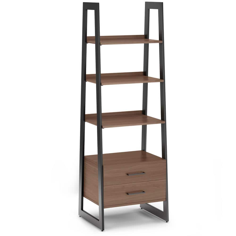 Simpli Home Sawhorse 72 in. x 24 in. Rectangle Modern Industrial Solid Walnut Wood and Metal Ladder Shelf with Storage in Walnut