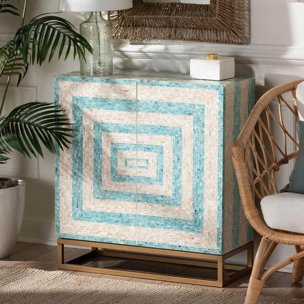 Baxton Studio Utari Mosaic Beige and Blue Storage Cabinet