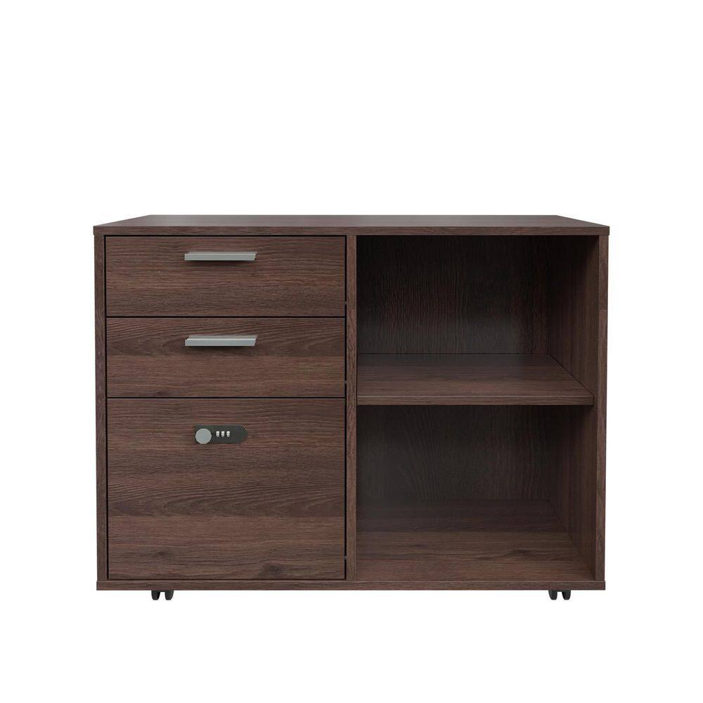Kahomvis 32 in. Brown Oak Movable File Cabinet with Password Drawer, Wooden Office Storage Cabinet with Password Lock