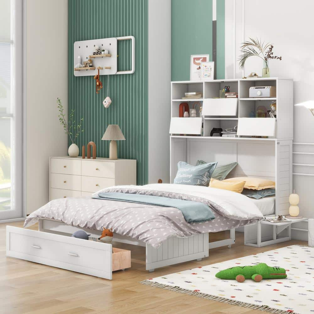 Harper & Bright Designs Versatile White Wood Frame Queen Size Murphy Bed with Bookcase, 2 Bedside Shelves and a Big Drawer