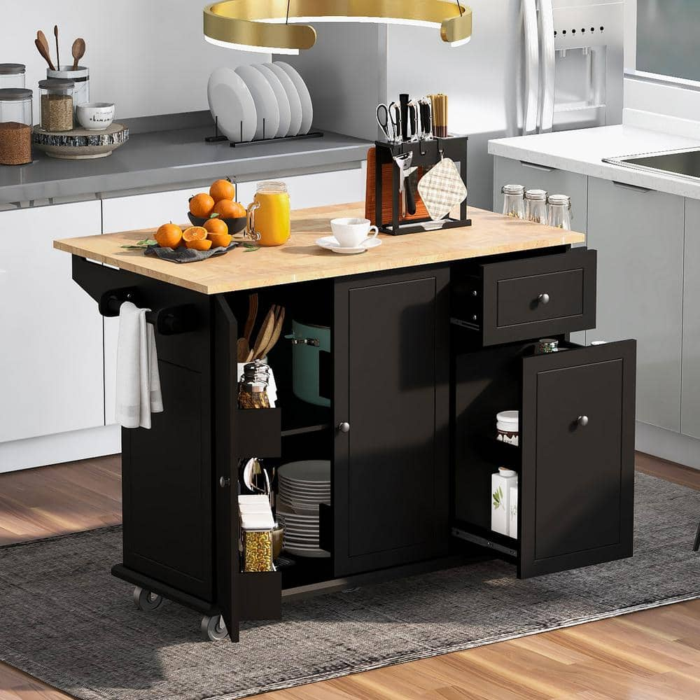 Runesay Black Solidwood Drop Leaf 53.94 in. Kitchen Island Cart with Internal Storage Rack and 3-Tier Pull Out Cabinet Organizer