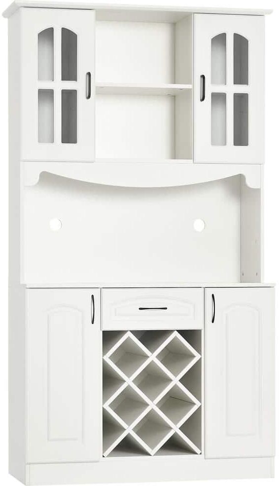 HOMCOM 73 in. White Kitchen Pantry, Buffet with Hutch, Cupboard for Microwave, with Utility Drawer, 4-Door Cabinets