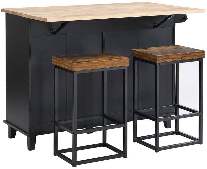 Aoibox Black Solid Wood 50.3 in. Kitchen Island With Drop Leaf and 2-Seatings, Storage Cabinet, Drawers, and Towel Rack